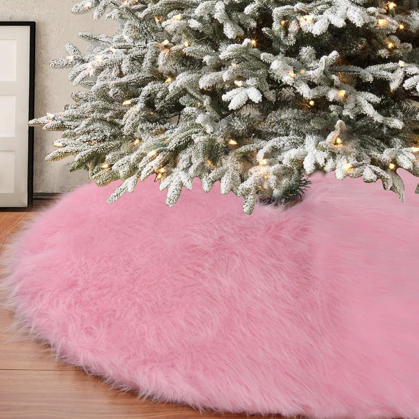 Pink Christmas Tree Skirt Fur,48 Inches Large Fuzzy Fur Candy Tree Skirt Rug Pink Christmas Halloween Decor&Ornaments for 7-7.5Ft Christmas Trees