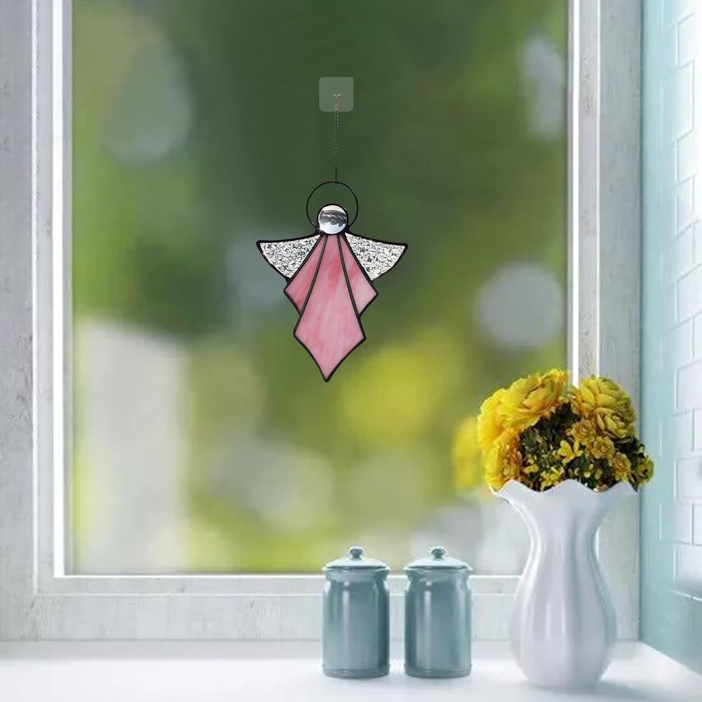 Angel Ornament,Stained Glass Window Hangings Decor,Tiffany Style Handcrafted Suncatcher for Window Memorial Remembrance Sympathy Gifts, Angel Gifts for Women(Pink)