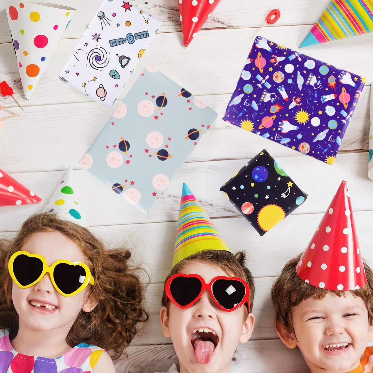 6 Sheets Gift Wrapping Paper Birthday, Boys Outer Space Design Wrapping Paper for Kids Present Birthday Party and Baby Shower