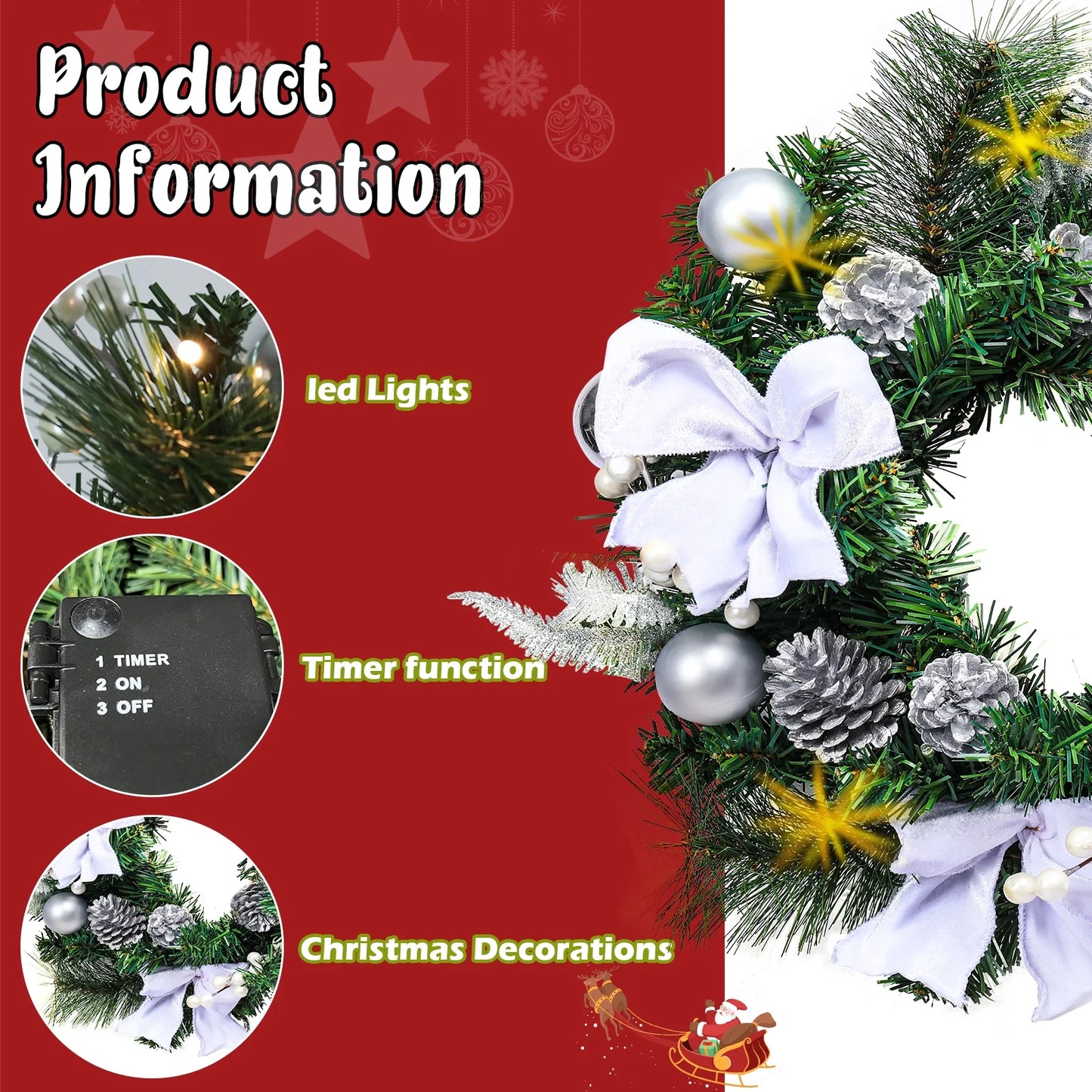 20 Inch Christmas Wreaths-Christmas Wreath with Lights Led,Battery Operated LED Light with Cute Little Decorations Wreath for Christmas Festival Party, Patio,Farmhouse Decoration