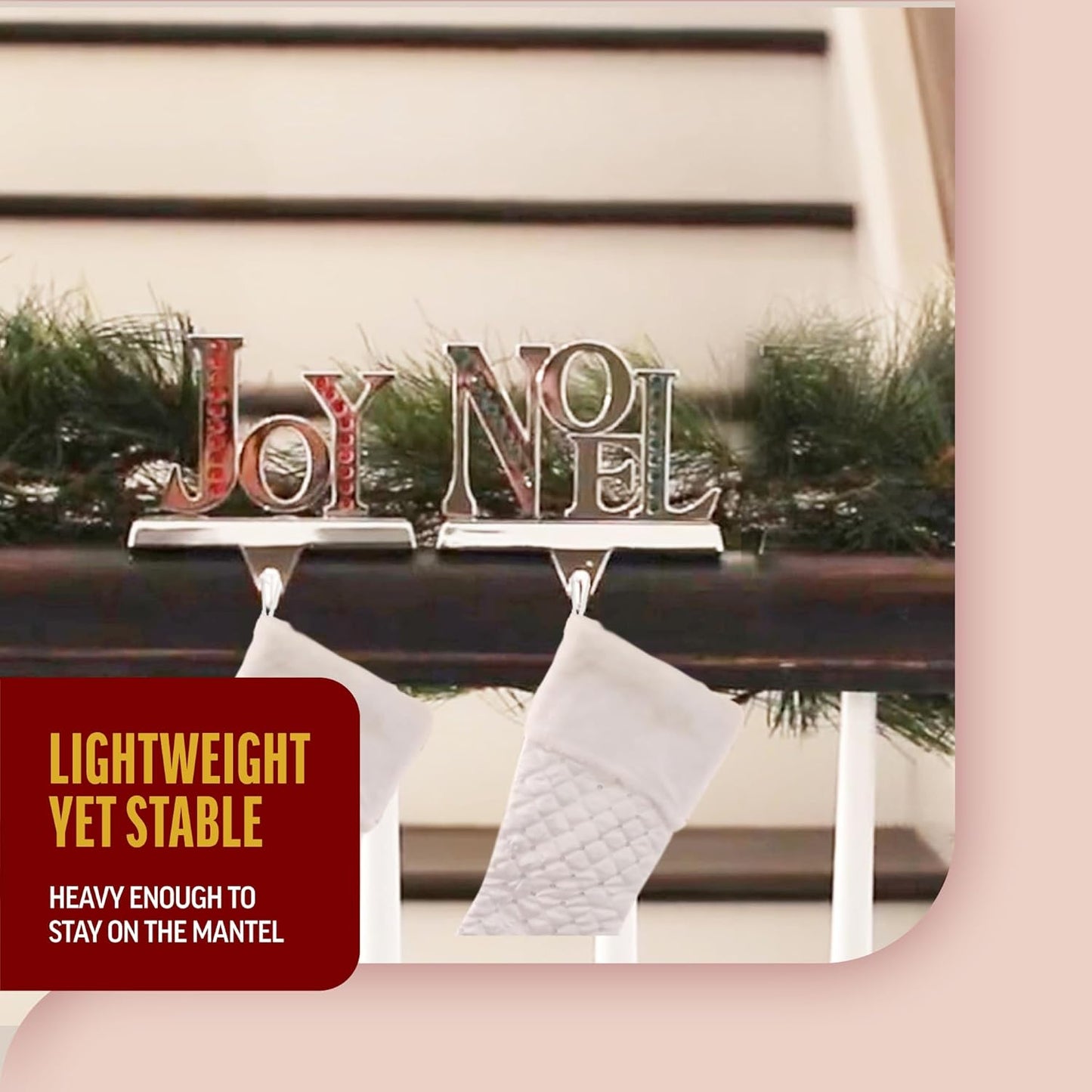 Stocking Holder Set of 3 - Joy Noel Peace Christmas Stocking Hanger for Mantel - Shiny Silver Metal Christmas Stocking Holder for Fireplace Mantle- Heavy Stocking Holder for Mantle with Hook