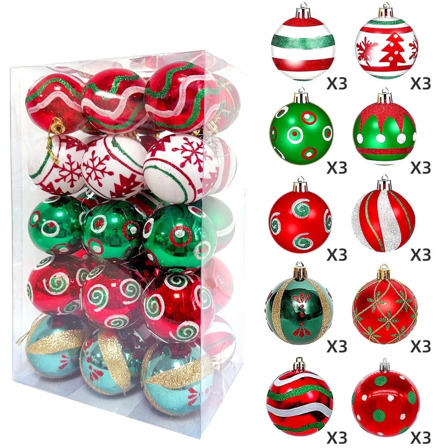 30Pcschristmas Ball Ornaments, 2.35 Inch Christmas Balls, Shatterproof Christmas Balls to Decorate the Christmas Tree, Painting and Glittering Christmas Hanging Balls for Party Events