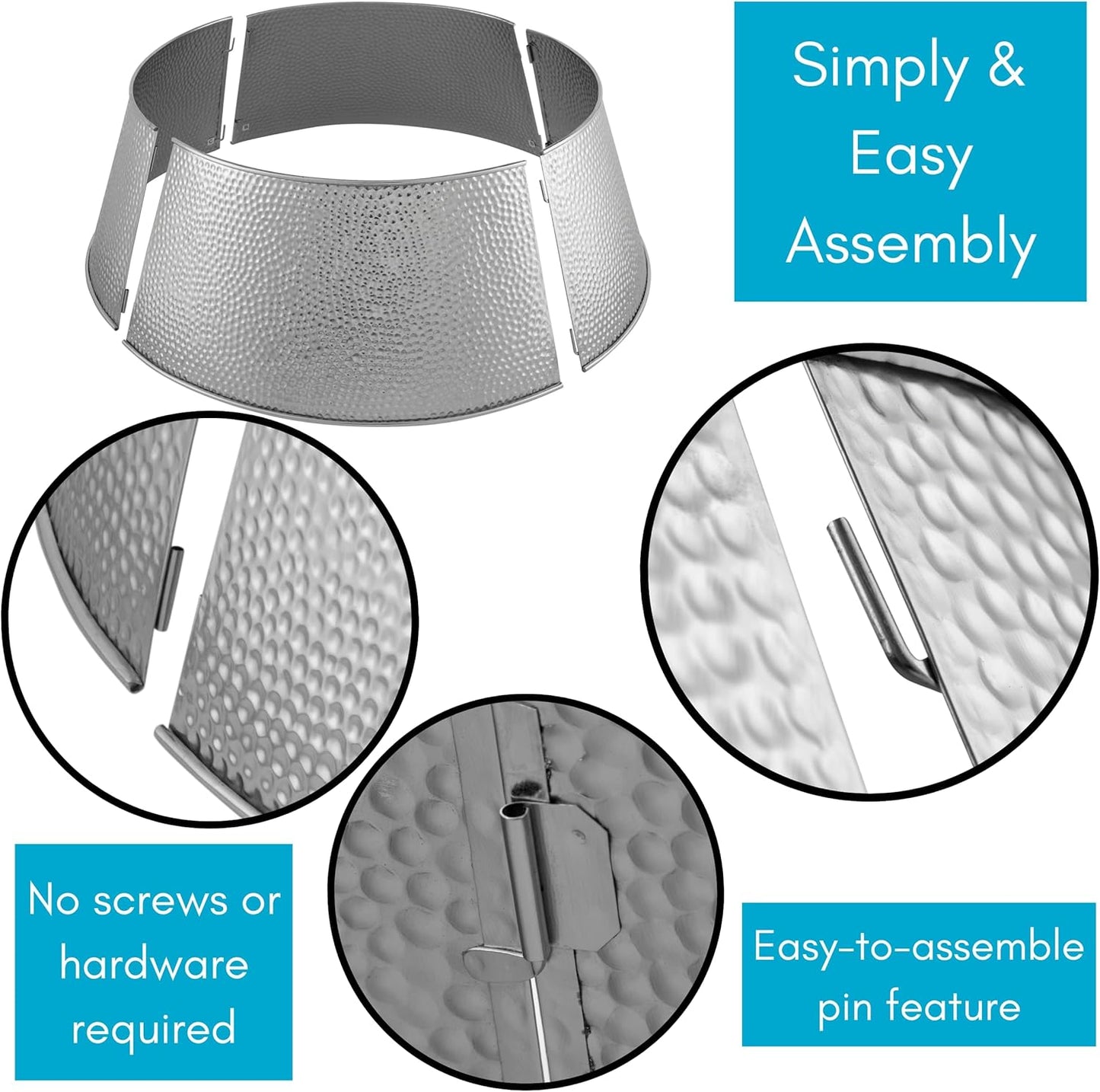 4-Panel Christmas Tree Collar - Metal Holiday Skirt Decor - Water Base Protection from Pets (Silver - Hammered)