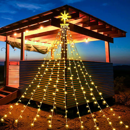 Christmas Lights, Christmas Decorations, 320 LED Outdoor Christmas Lights [8 Modes & Waterproof], with 11" Lighted Tree Topper for Halloween Xmas New Year Holiday Birthday (Warm White)