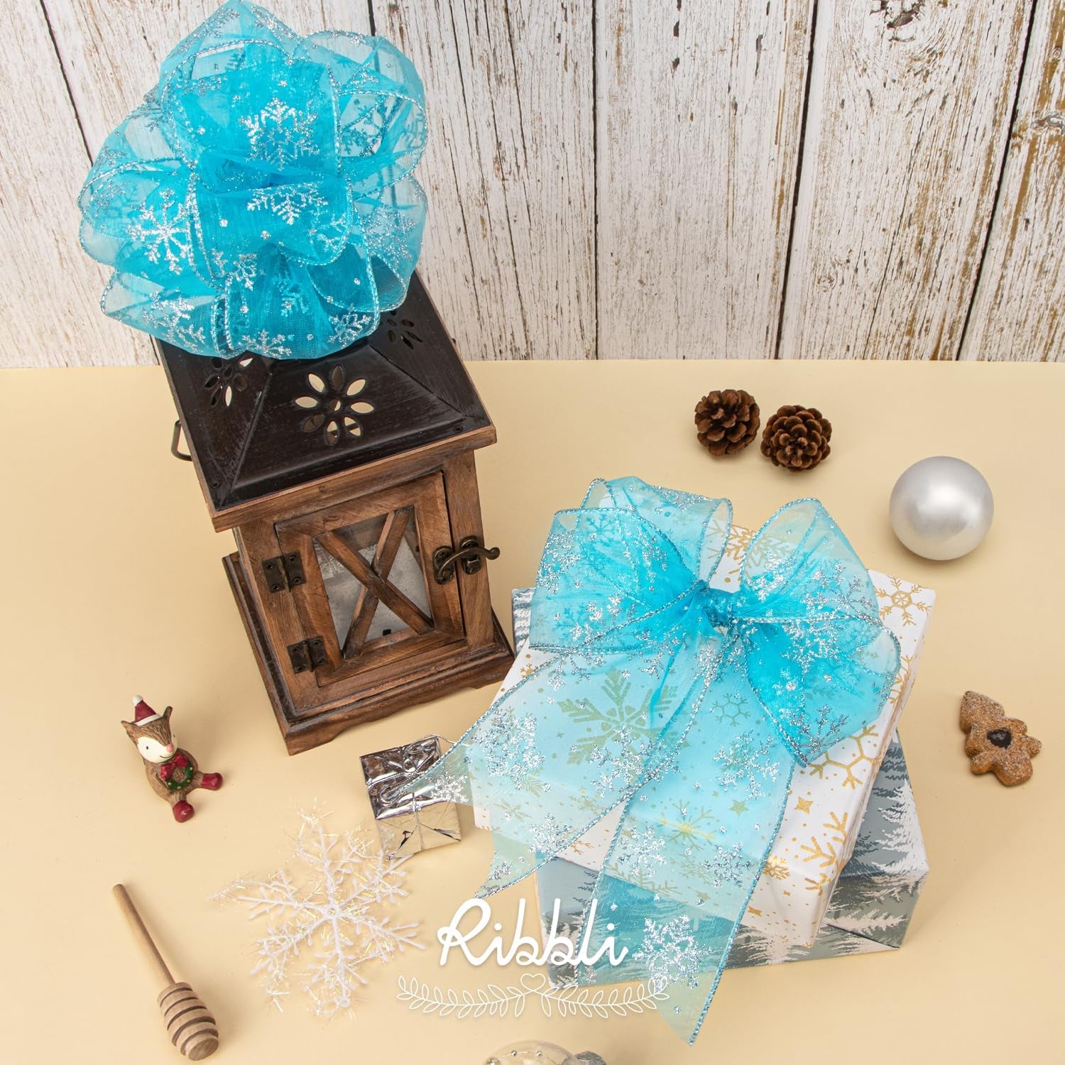 Snowflake Glitter Wired Ribbon,Turquoise Blue Organza Sheer with Silver Glitter Snowflake Pattern and Silver Metallic Edge,2-1/2 Inch X 10 Yards Christmas Ribbon for Tree Decoration