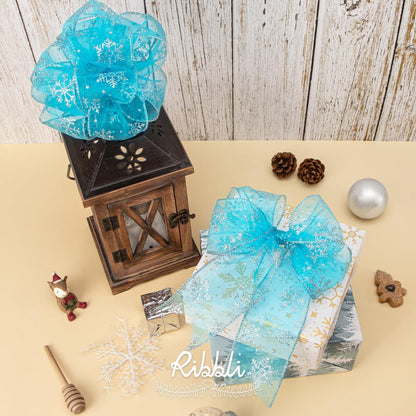 Snowflake Glitter Wired Ribbon,Turquoise Blue Organza Sheer with Silver Glitter Snowflake Pattern and Silver Metallic Edge,2-1/2 Inch X 10 Yards Christmas Ribbon for Tree Decoration