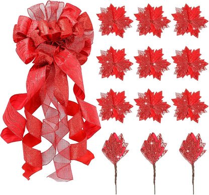 Christmas Tree Topper Decorations 34X12 Inch Large Christmas Bows Tree Ornaments and 24 Pcs Christmas Tree Flowers for Christmas Holiday Party Decorative(Red)