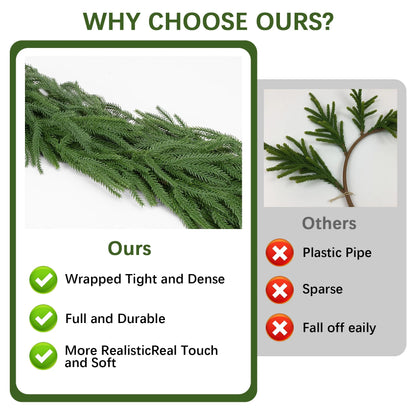 2 Pcs Christmas Garlands Decorations, 12 Ft Real Touch Artificial Norfolk Pine Christmas Greenery Garlands for Wall Fireplace Indoor Outdoor Xmas Decor