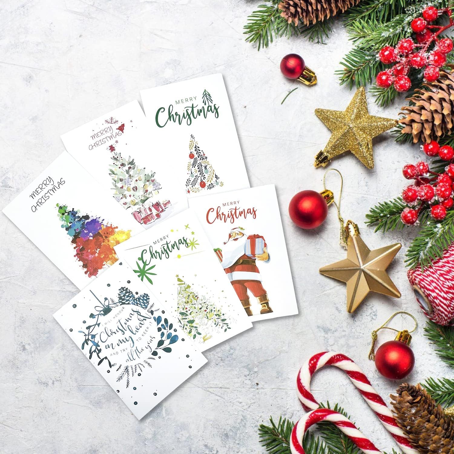 Christmas Cards Boxed, Set of 24 Holiday Cards, Christmas Tree, Santa Claus, Reindeers, 12 Unique Designs Greeting Cards - 4X6"