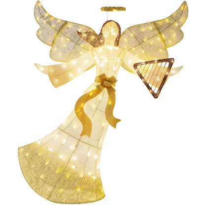 5Ft Lighted Outdoor Angel Christmas Decoration for Lawn W/ 140 LED Lights, Harp, Bow, Ground Stakes