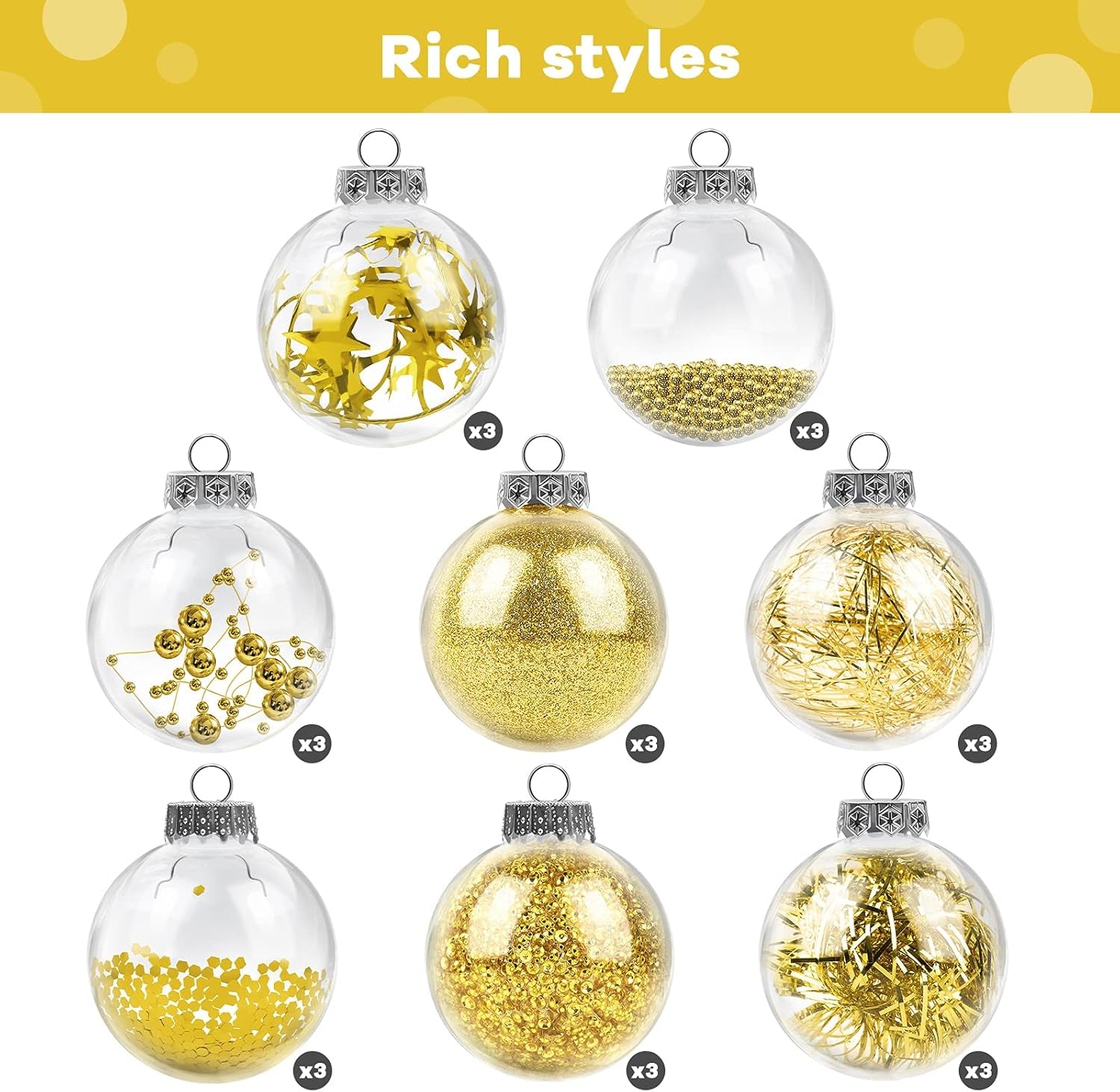24 Pieces 2.36 Inches Plastic Christmas Balls 8 Designs Shatterproof Decorative Balls Baubles Christmas Hanging Ornaments with Stuffed Delicate Decorations, Gold