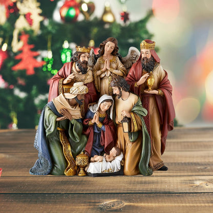 Christmas Nativity Sets Indoor Home Decor Figurine, Hand Sculpted Manger Scene Religious Christmas Table Top Decorations for Holidays, 8.75 Inches