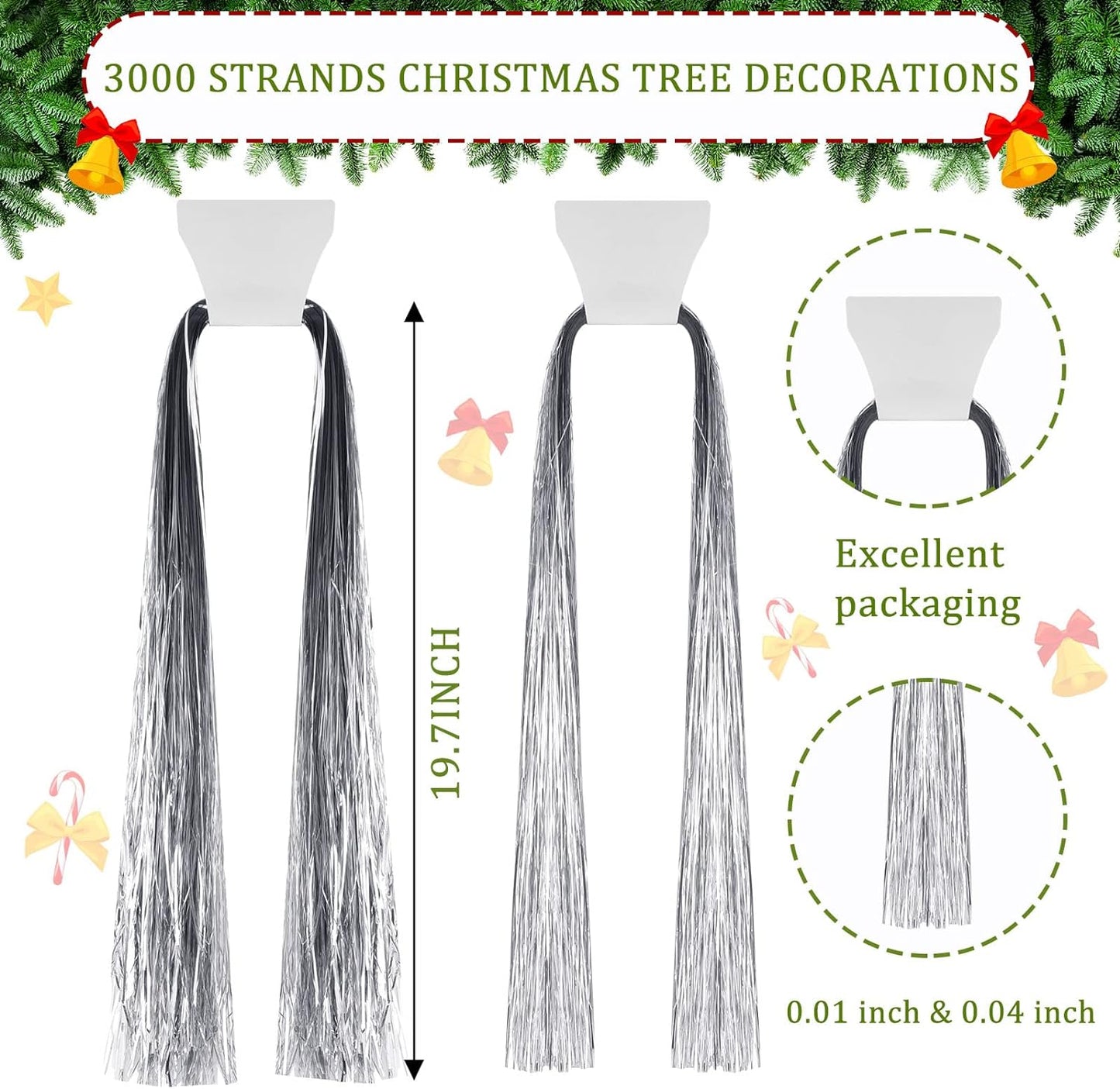 3000 Strands Christmas Tree Decorations Tinsel Garland Iridescent Tinsel Foil Fringe Icicles for Christmas Home Hair Decor Holiday Birthday Graduation Supplies (Silver)