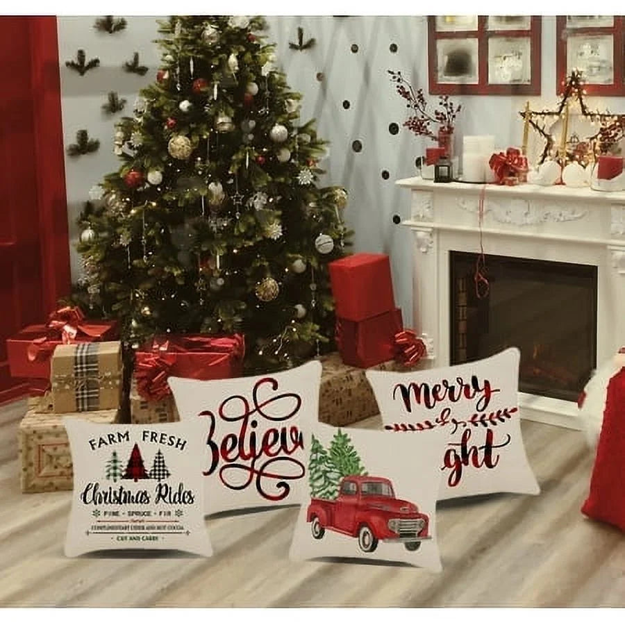 Christmas Pillow Covers 18 X 18 Inch Decorations Farmhouse Indoor Christmas Tree Decorativethrow Pillow Cases (4 Count)