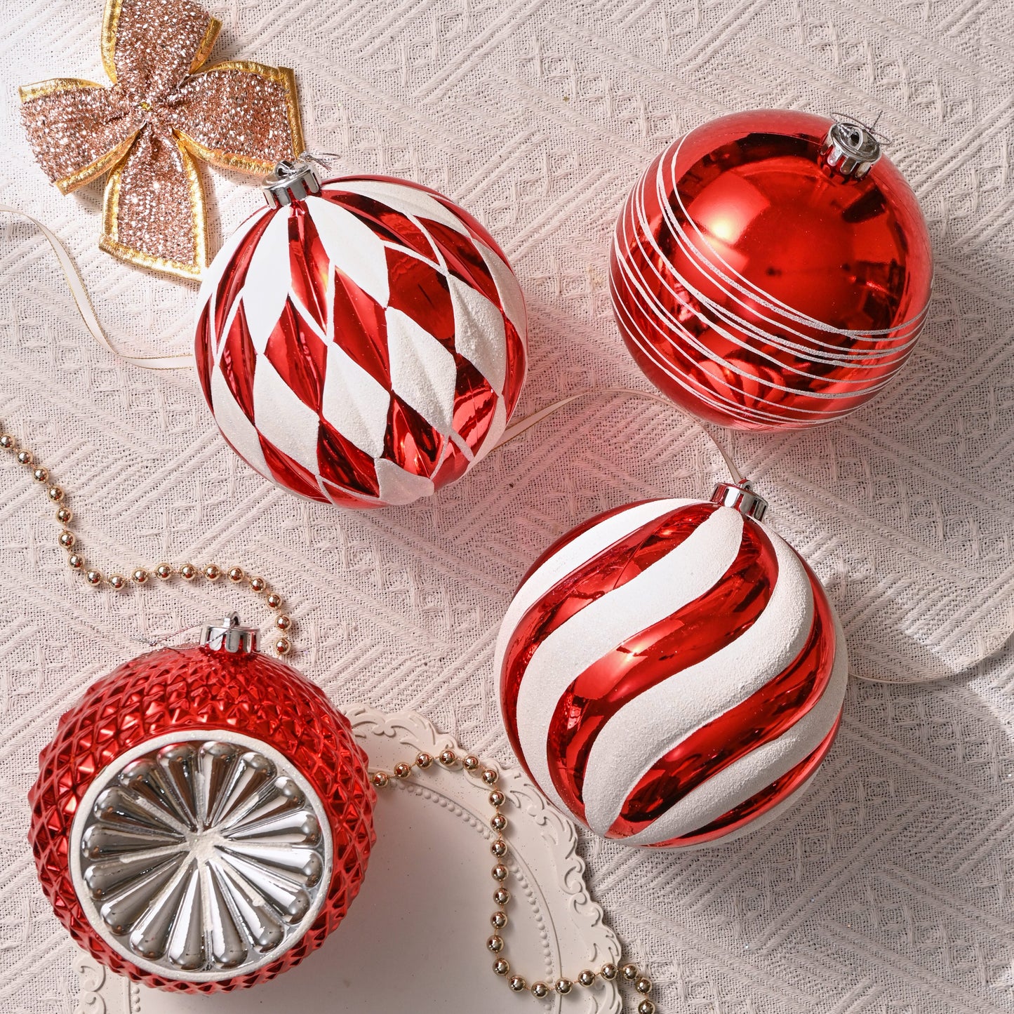 4Ct 5.9" Christmas Ornaments, Red White Christmas Ball Ornaments for Holiday Party Decor