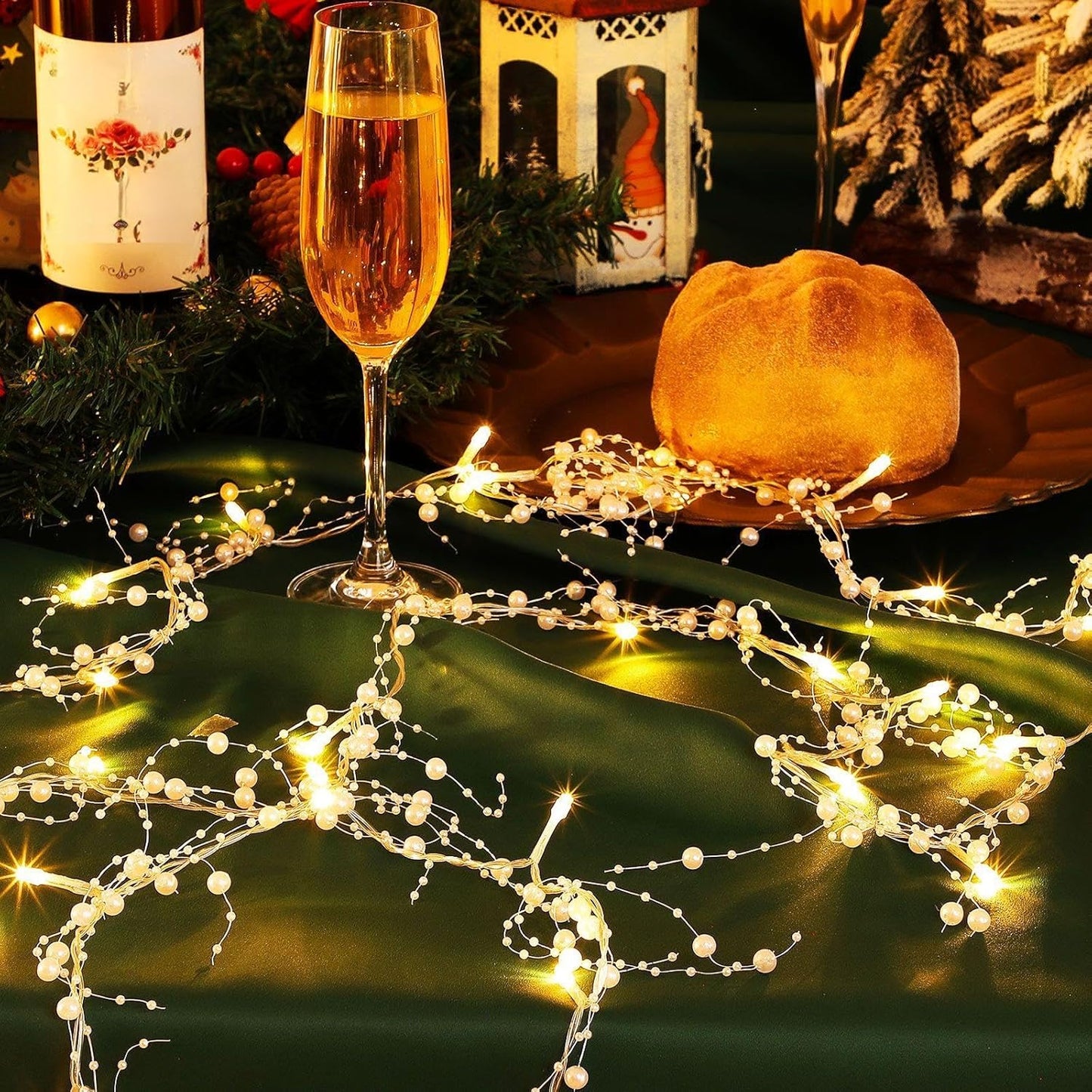 10 Feet 30 LED Christmas Light Metal Berry Beaded Garland Indoor Christmas String Lights for Fireplace Mantel Indoor Xma Light Decorations(White)