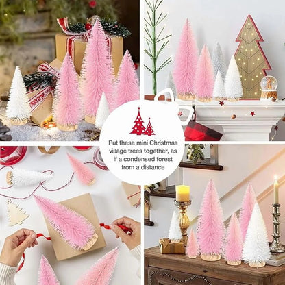 9Pcs Mini Christmas Trees Christmas Decor Artificial Christmas Decorations with 4 Sizes, Christmas Tree Bottle Brush Trees Christmas Table Decorations (Pink+White)