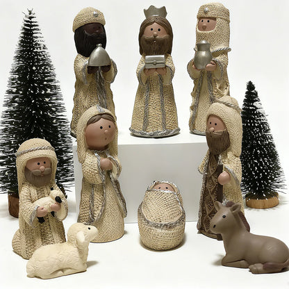 Nativity Knit Set Indoor - 9 Pcs Holy Family Figurines Baby Jesus with Manger, Religious Nativity Figurines Xmas Cable Nativity Scene for Tabletop Props Home Living Room Decor