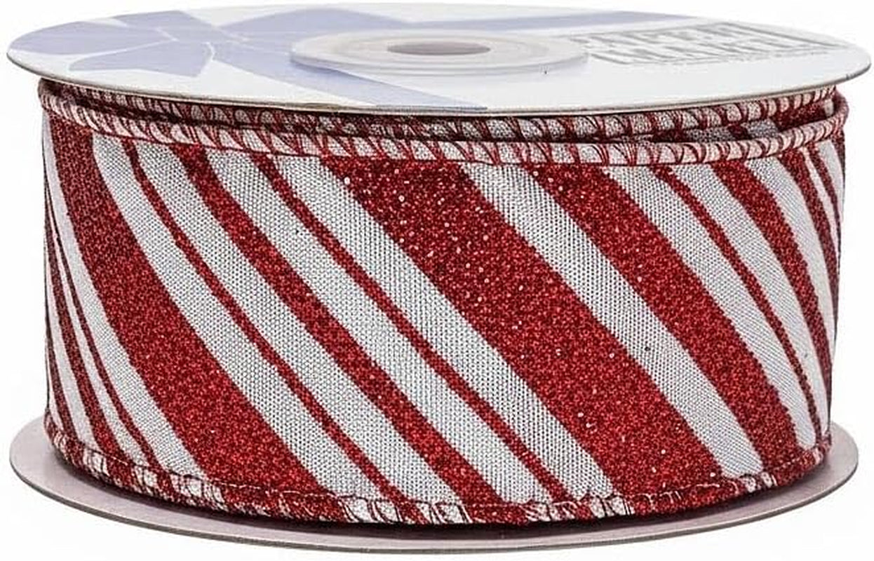 Wired Christmas Ribbon Red Stripes - 1 1/2" X 10 Yards, Red White Peppermint Candy Cane, Garland, Gifts, Wrapping, Wreaths, Bows