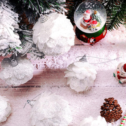 8 Pcs Christmas Ball Ornaments Artificial Pinecone Hanging Ornaments Glitter Faux Christmas Flower for Xmas Decor, 3.15/2.36 Inch(White)