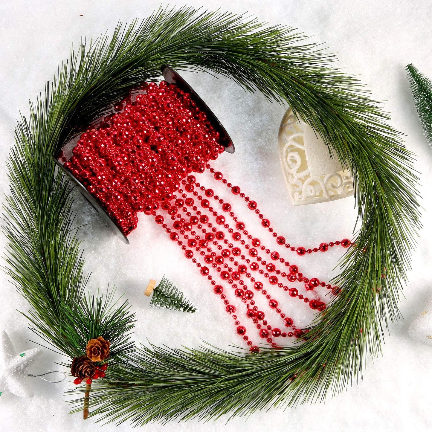 49 Ft Beaded Garland for Christmas Tree Plastic Artificial Pearl Strands String Beads Trim Roll Chain for Xmas DIY Craft Party Decoration Table Centerpiece Wedding Bouquet(Red)