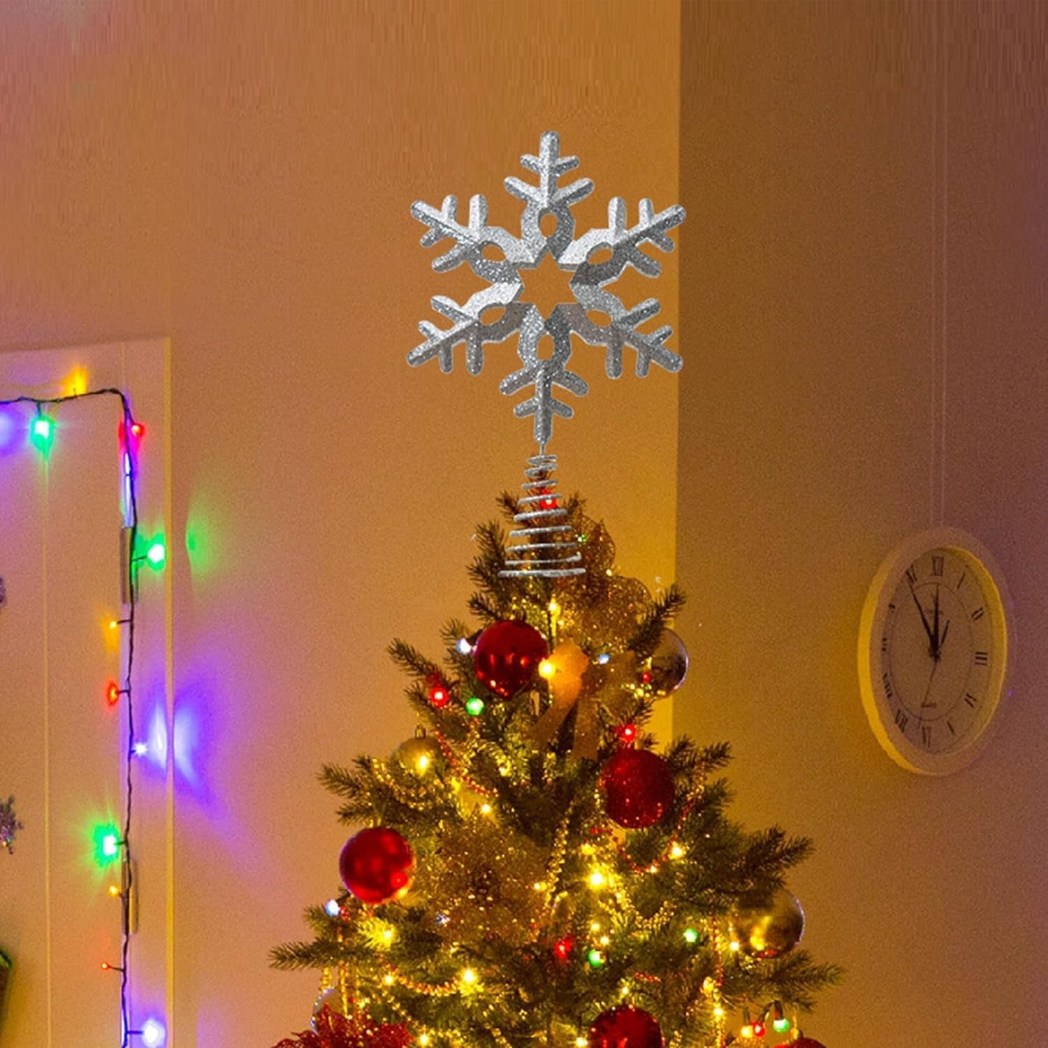 Tree Topper Snowflake, 13.25" Silver Glittered Christmas Tree Topper Decor, Christmas Tree Top Ornament Perfect for Any Size Xmas Tree