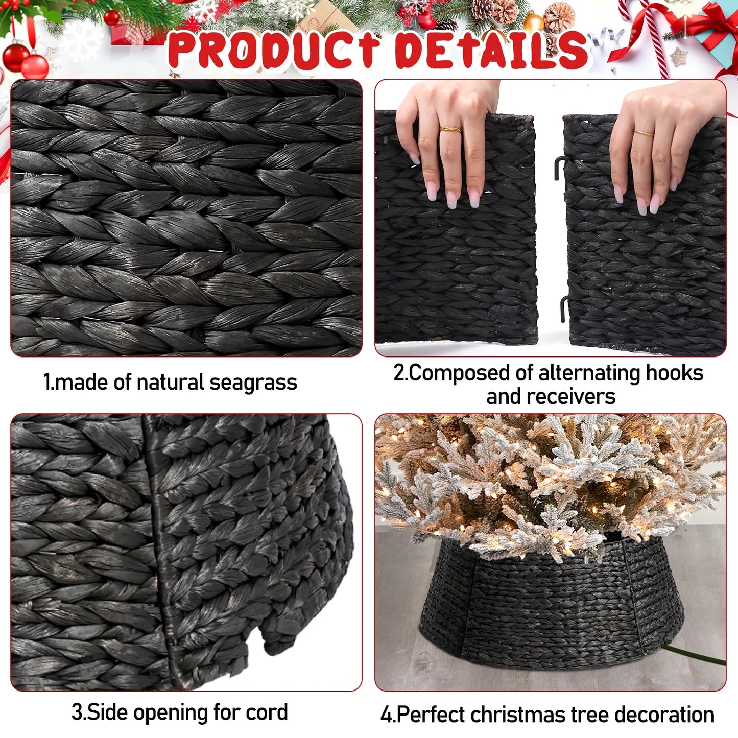26In Woven Hyacinth Christmas Tree Collar, Christmas Tree Decorations, Tree Skirt Accessory W/ Cord Cut-Out | Black