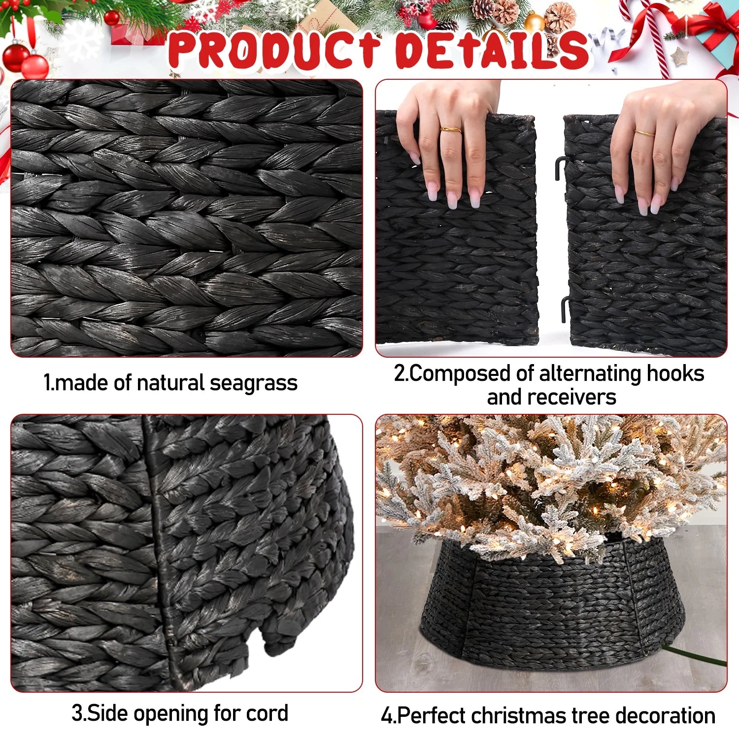 26In Woven Hyacinth Christmas Tree Collar, Christmas Tree Decorations, Tree Skirt Accessory W/ Cord Cut-Out | Black
