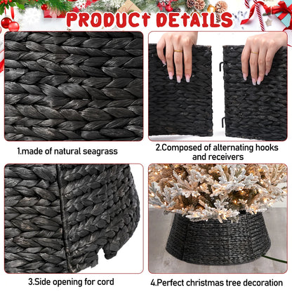 26In Woven Hyacinth Christmas Tree Collar, Christmas Tree Decorations, Tree Skirt Accessory W/ Cord Cut-Out | Black