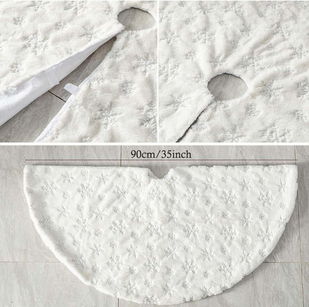 White Plush Christmas Tree Skirt - 90Cm Snow Fur Mat with Silver Sequin Snowflake Xmas Tree Skirt Base Cover for Christmas & New Year Decorations (White, 35Inches)
