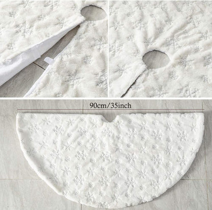 White Plush Christmas Tree Skirt - 90Cm Snow Fur Mat with Silver Sequin Snowflake Xmas Tree Skirt Base Cover for Christmas & New Year Decorations (White, 35Inches)