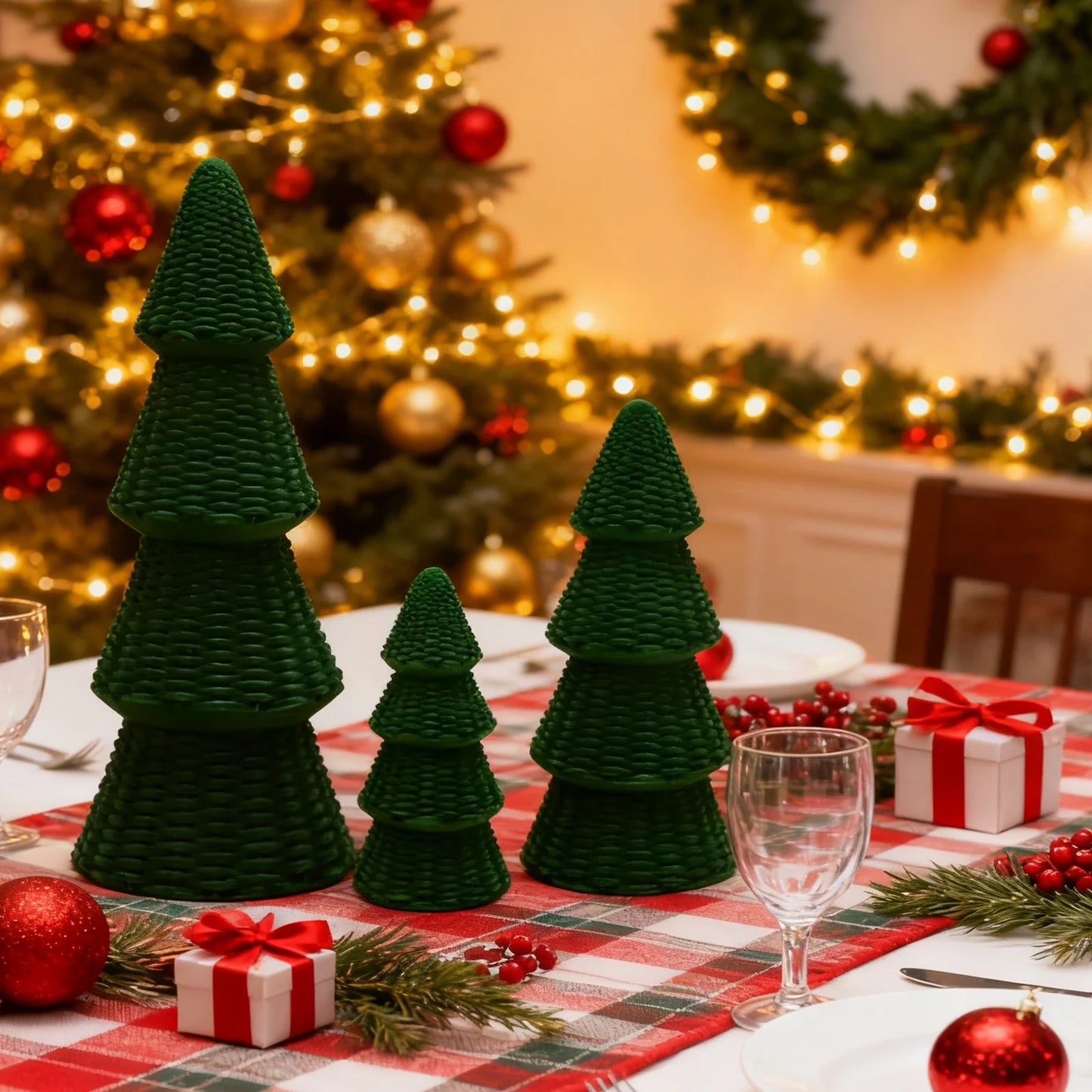3Pcs Tabletop Christmas Tree Velvet Woven Resin Christmas Trees for Christmas Decor Indoor, Christmas Table Decor, Green