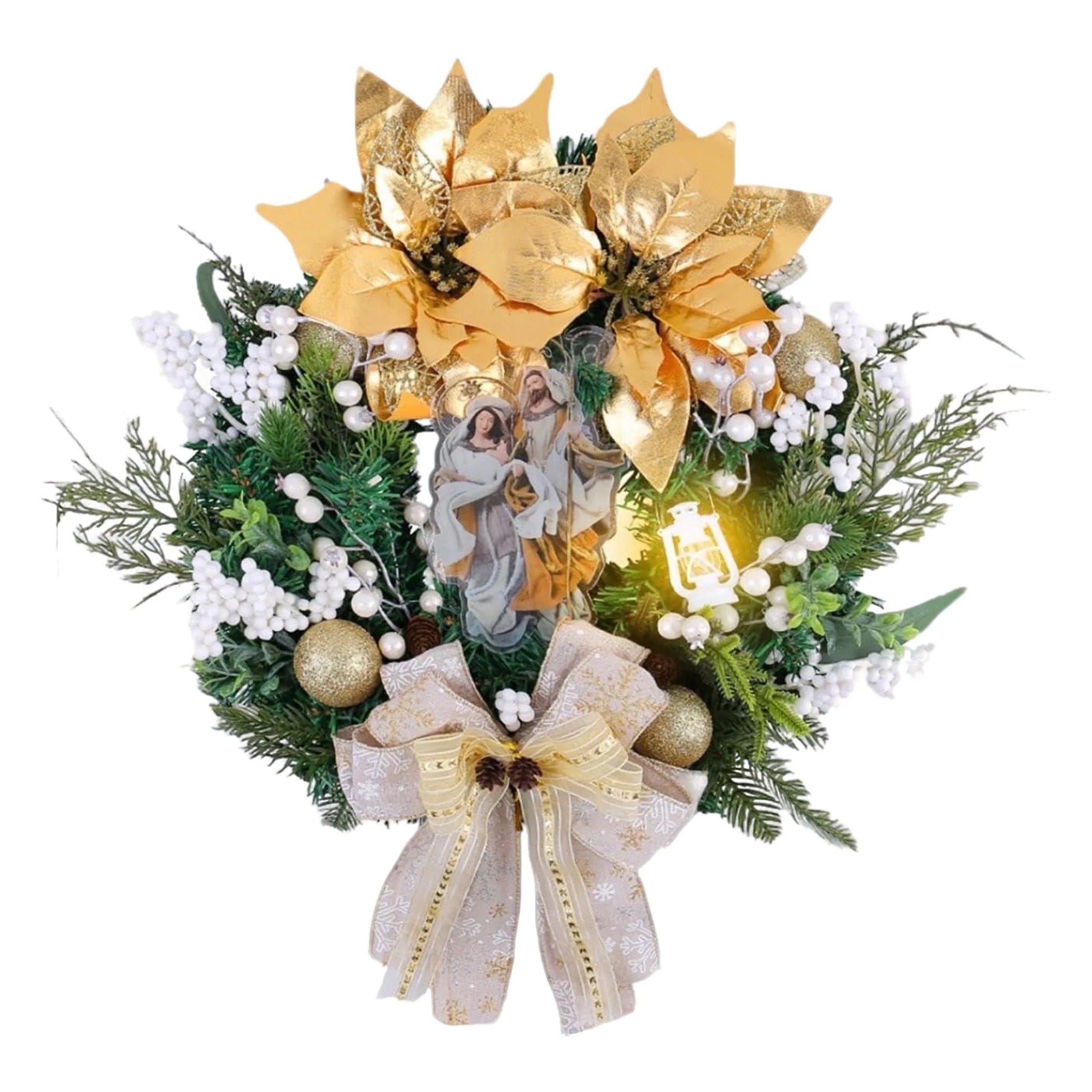 Christmas Wreath with Golden Poinsettia & Lights, 16-Inch Front Door Holiday Decor Wreath with Bow & Ornaments
