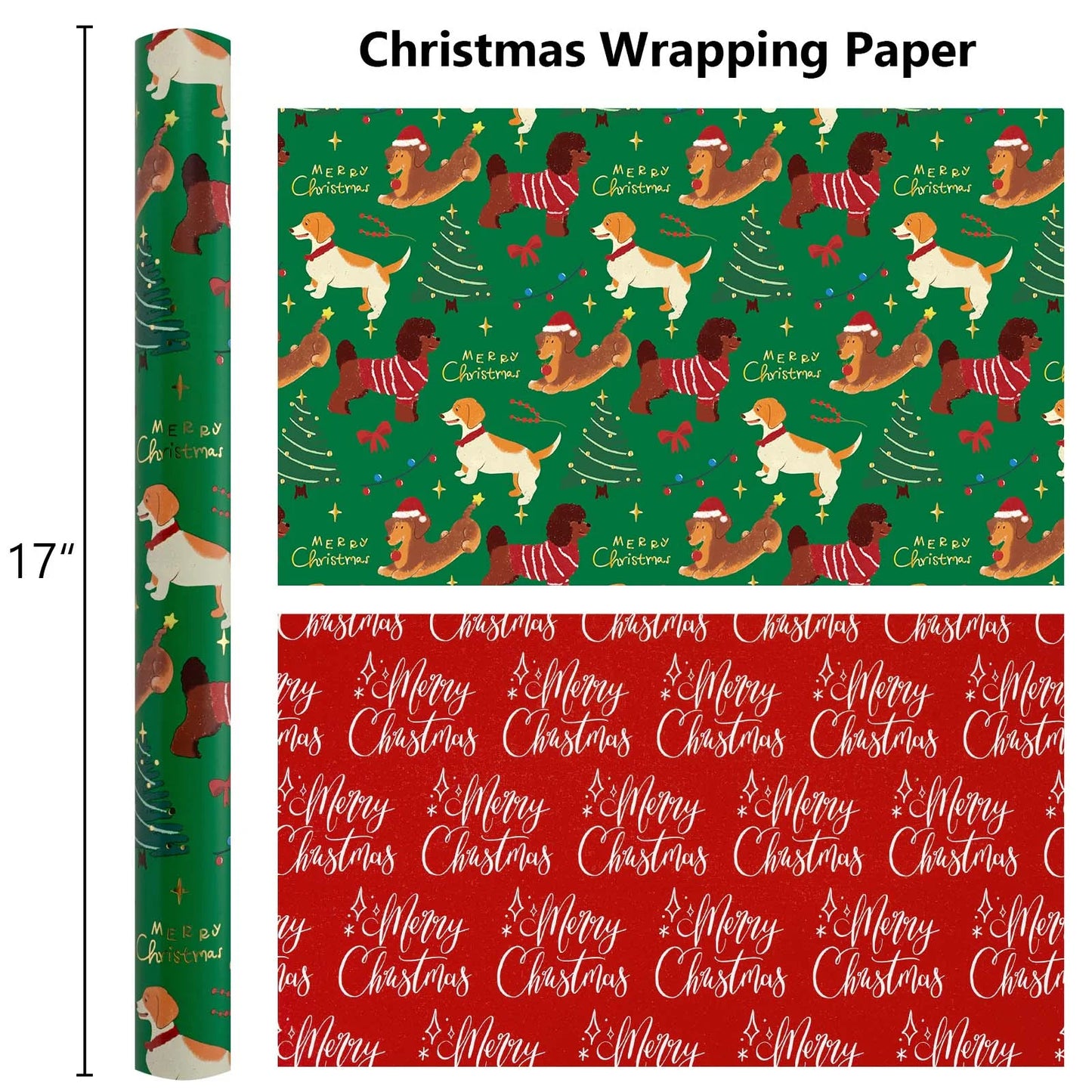 Christmas Wrapping Paper Roll - Green Gift Wrap with Christmas Dog, Christmas Tree, Bowknot - Perfect for Christmas - 17 Inch X 33 Feet