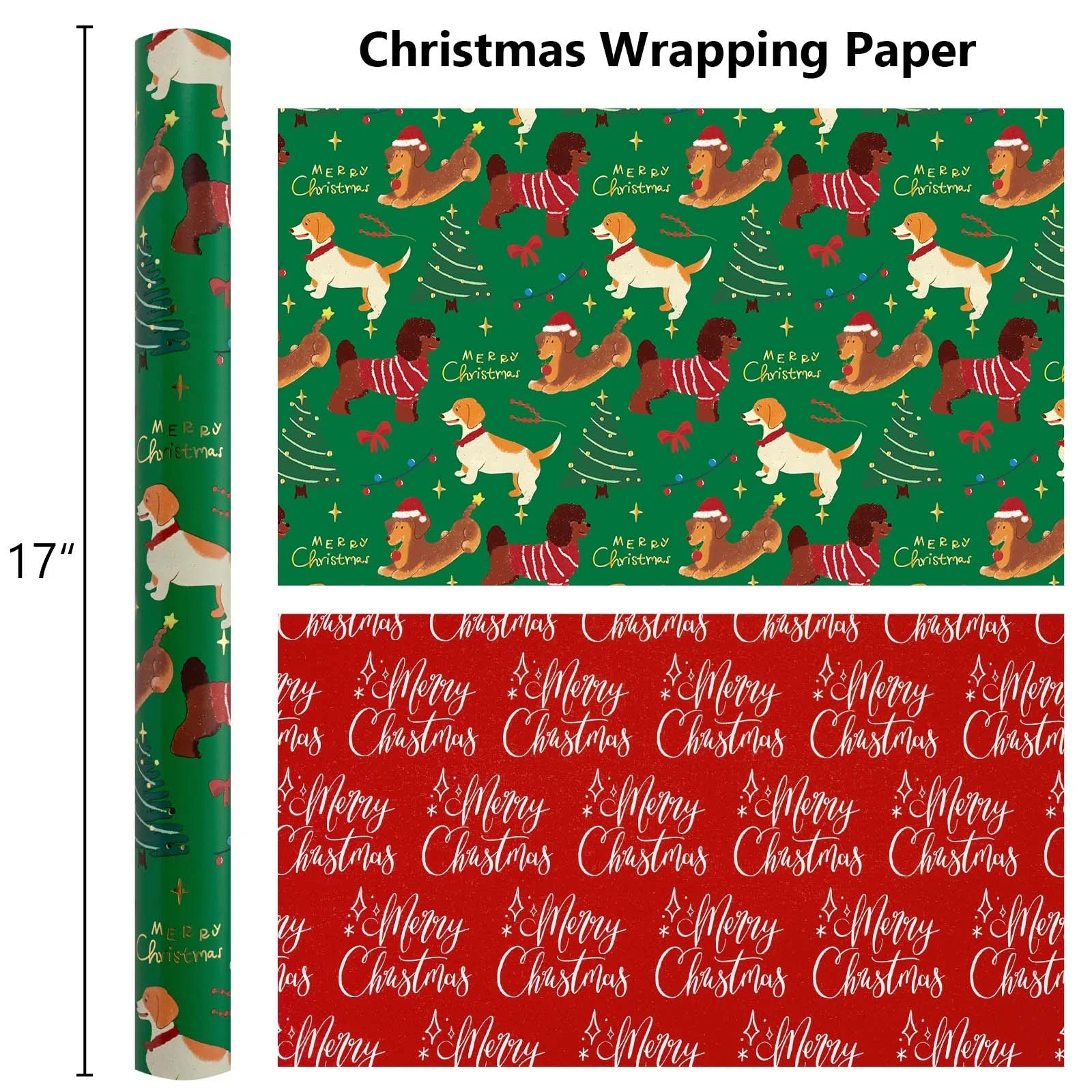 Christmas Wrapping Paper Roll - Green Gift Wrap with Christmas Dog, Christmas Tree, Bowknot - Perfect for Christmas - 17 Inch X 33 Feet