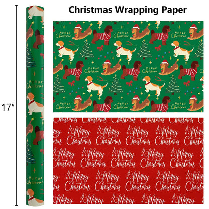 Christmas Wrapping Paper Roll - Green Gift Wrap with Christmas Dog, Christmas Tree, Bowknot - Perfect for Christmas - 17 Inch X 33 Feet