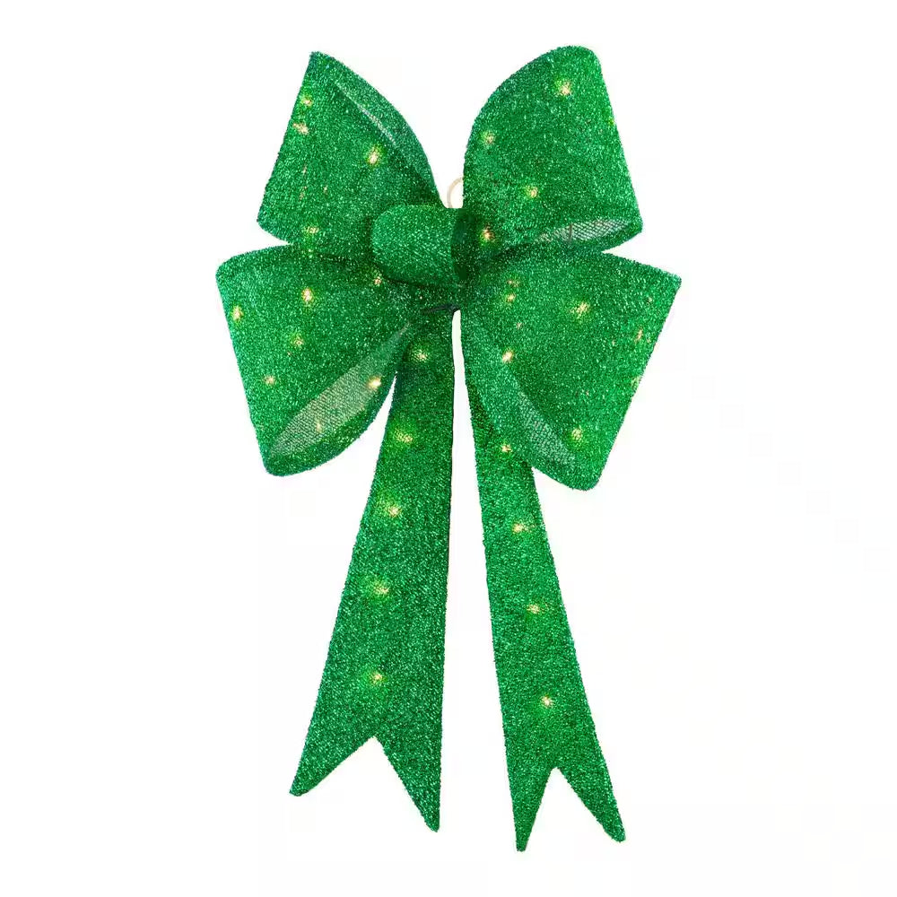24 In. Yuletide Lane LED Green Tinsel Bow Holiday Yard Decoration