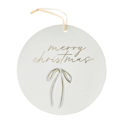 Stoneware Merry Christmas Hanging Decoration, White, 10", by