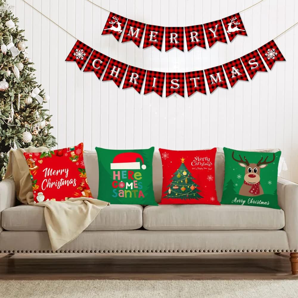 Set of 4 Christmas Pillow Covers 16X16 Inch Merry Christmas Pillow Cases Christmas Tree Throw Pillow Covers Red Green Xmas Holiday Pillow Covers Outdoor Couch Sofa Cushion Covers for Christmas(16)
