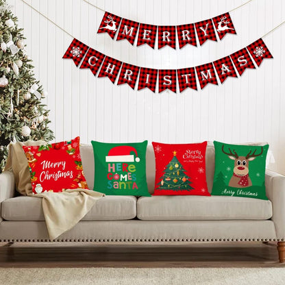 Set of 4 Christmas Pillow Covers 16X16 Inch Merry Christmas Pillow Cases Christmas Tree Throw Pillow Covers Red Green Xmas Holiday Pillow Covers Outdoor Couch Sofa Cushion Covers for Christmas(16)