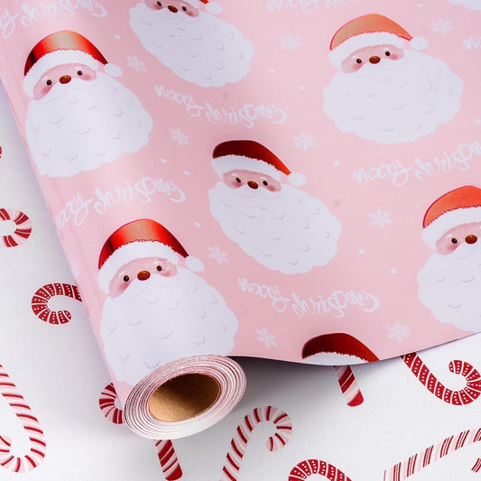 Christmas Wrapping Paper Roll - Pink Gift Wrap with Santa Claus Head, Snowflake, "Merry Christmas" Letters and Candy - Perfect for Christmas - 17 Inch X 33 Feet