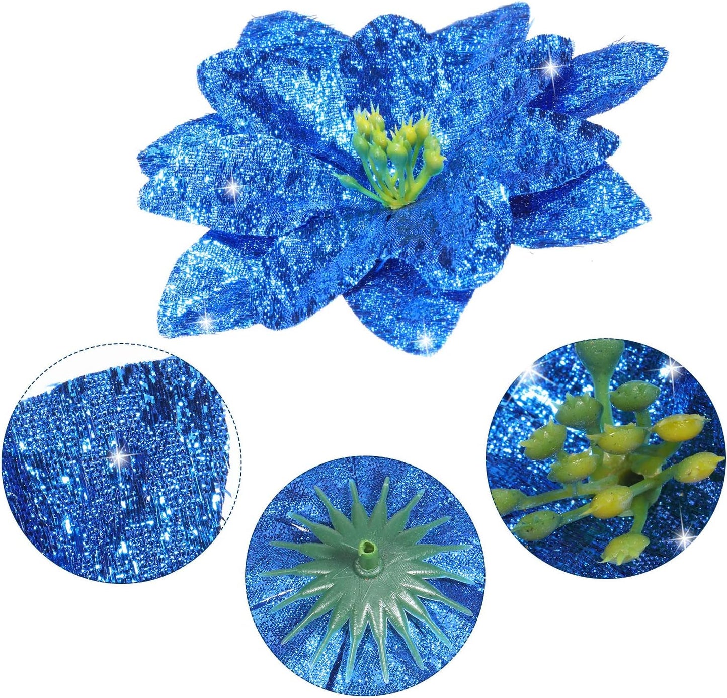24 Pieces 3 Size Christmas Glitter Poinsettia Flowers Wedding Faux Flowers Christmas Ornaments for Christmas Tree New Year Home Outdoor Decoration, 3/4/6 Inches