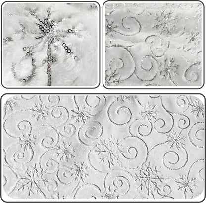 48 Inch Sequin Faux Fur Christmas Tree Skirt for Christmas Tree Decorations White Plush Silver Sequin Snowflake Tree Skirt