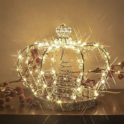Illuminated Jeweled Crown Tree Topper with 60 Warm White Lights, Metal Design