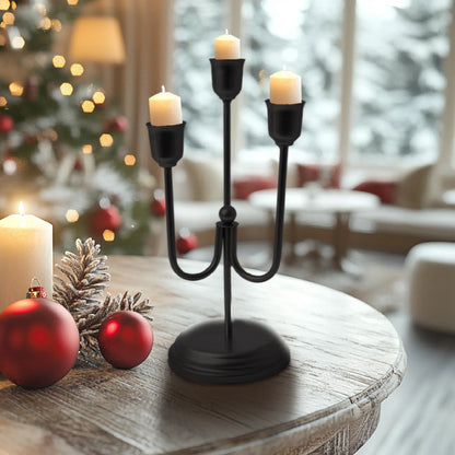 3-Arm Black Metal Taper Candle Holder – Elegant Gothic Decor for Halloween, Mantel, Kitchen Table, Wedding, or Party, 9"