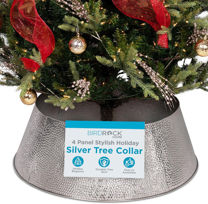 4-Panel Christmas Tree Collar - Metal Holiday Skirt Decor - Water Base Protection from Pets (Silver - Hammered)