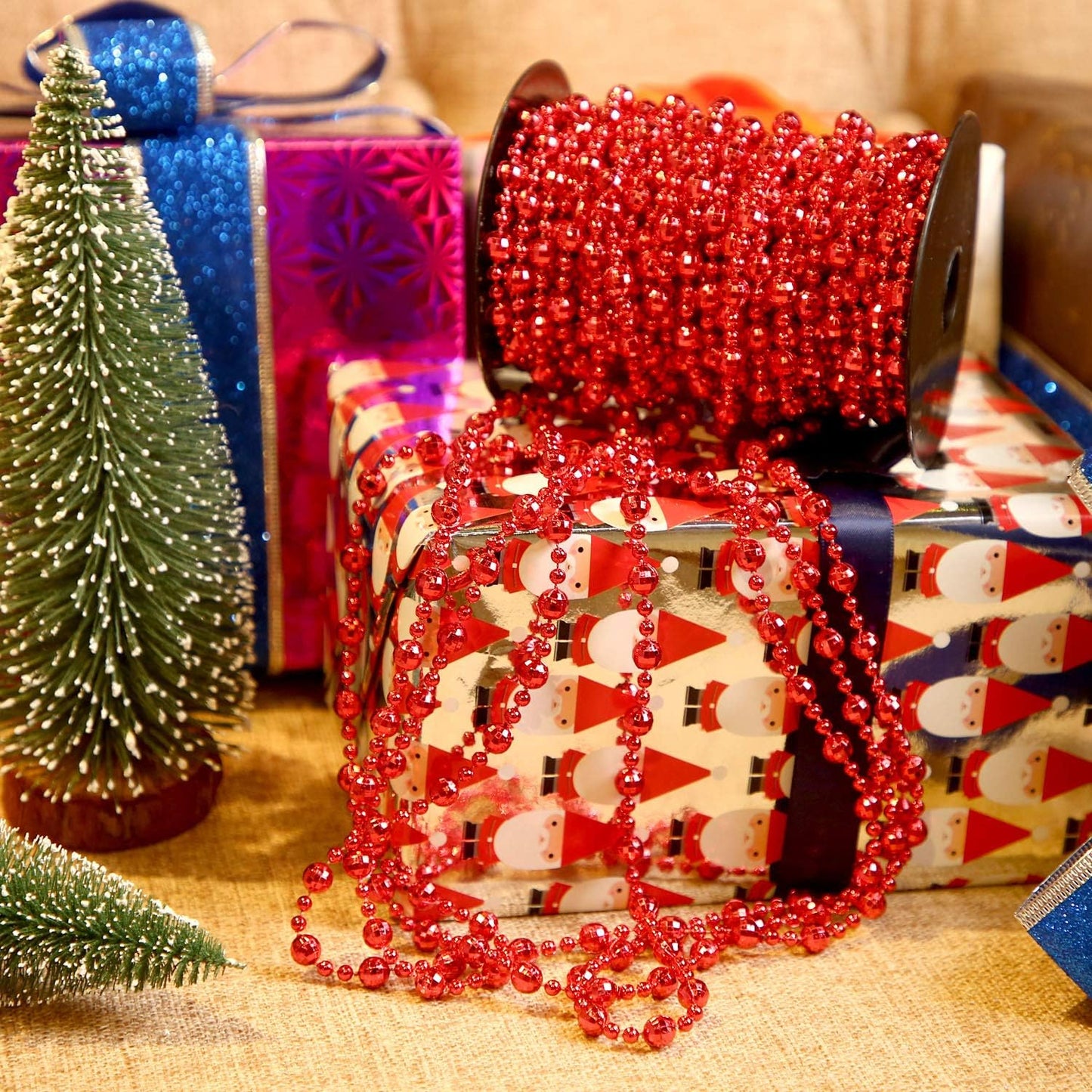 49 Ft Beaded Garland for Christmas Tree Plastic Artificial Pearl Strands String Beads Trim Roll Chain for Xmas DIY Craft Party Decoration Table Centerpiece Wedding Bouquet(Red)