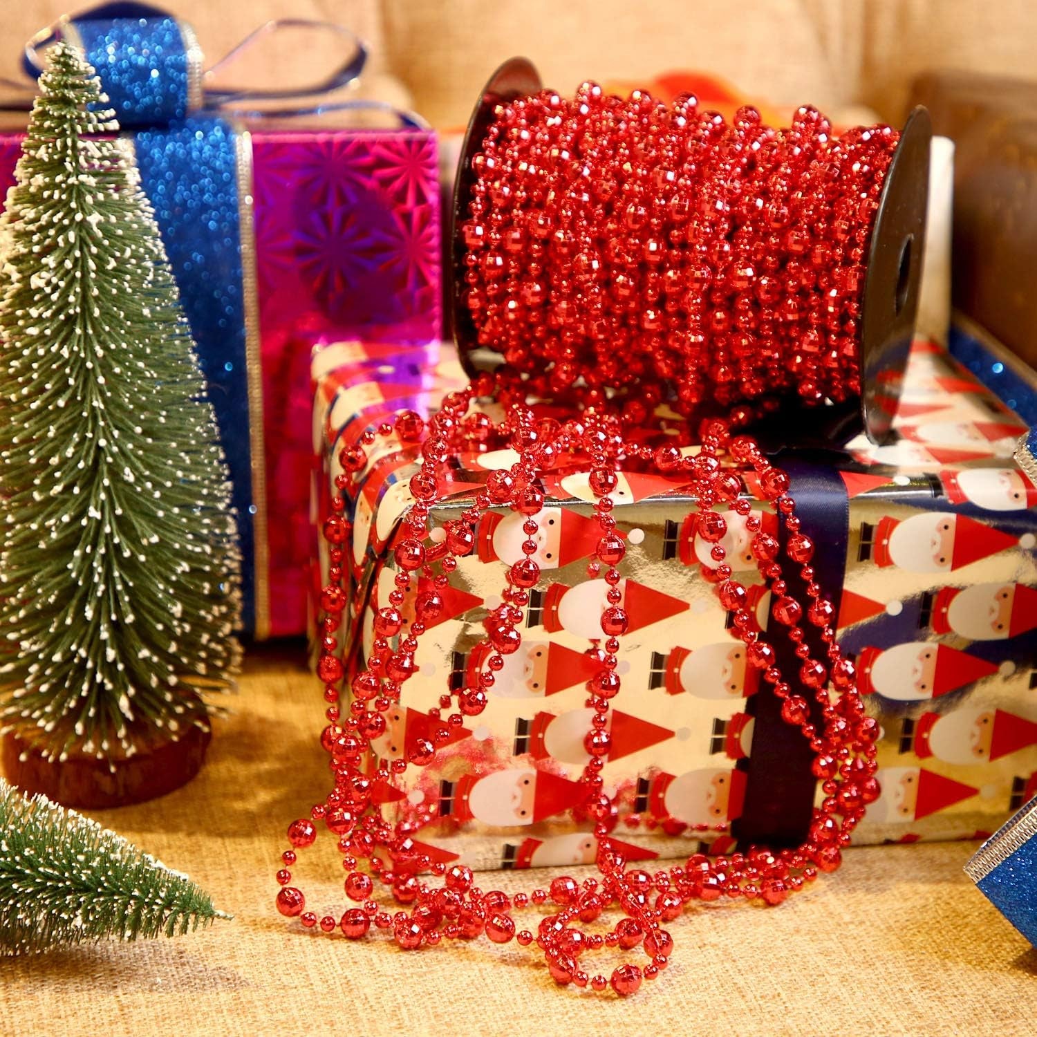 49 Ft Beaded Garland for Christmas Tree Plastic Artificial Pearl Strands String Beads Trim Roll Chain for Xmas DIY Craft Party Decoration Table Centerpiece Wedding Bouquet(Red)