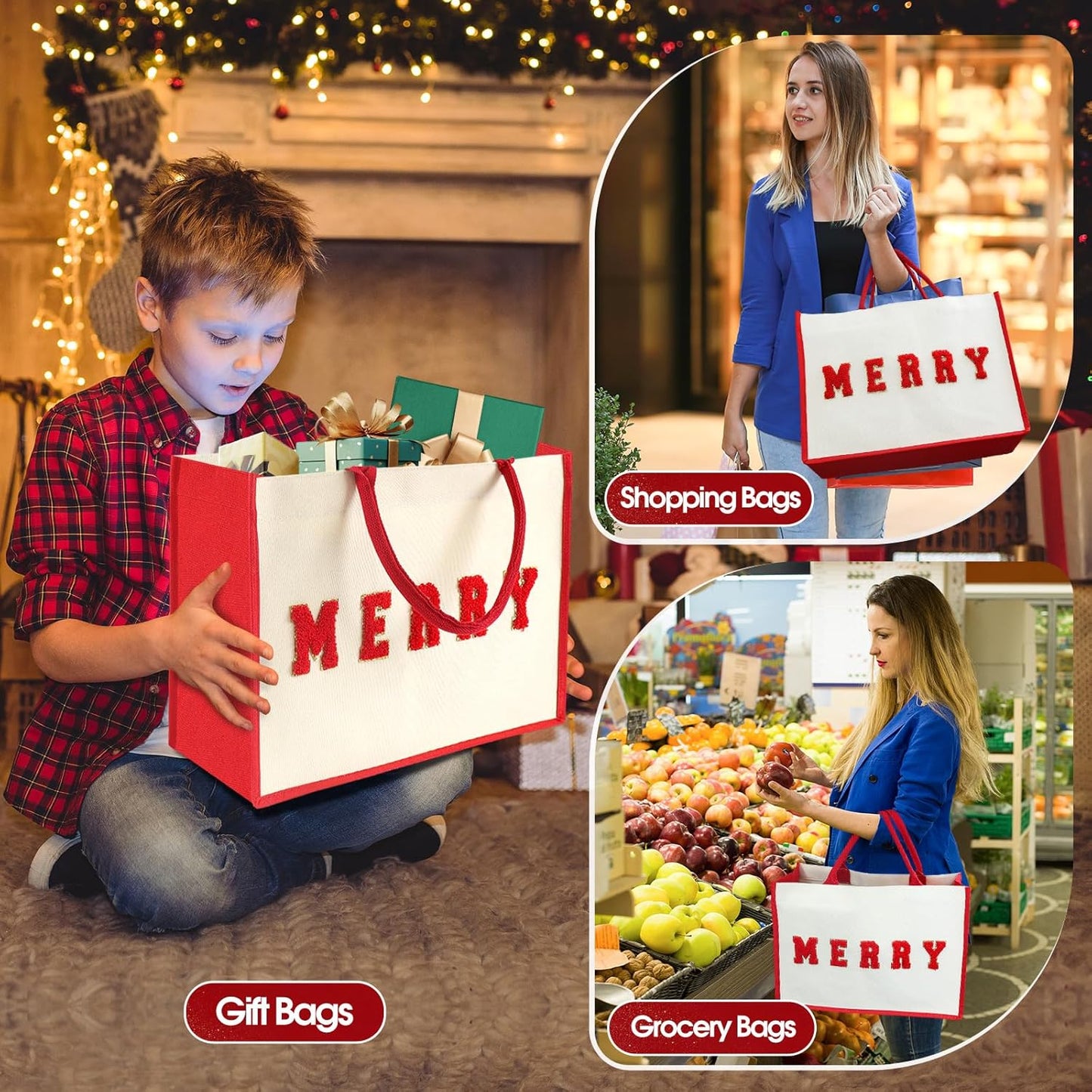 15.5" Reusable Canvas Christmas Gift Bags with Handles - Red Holiday Design