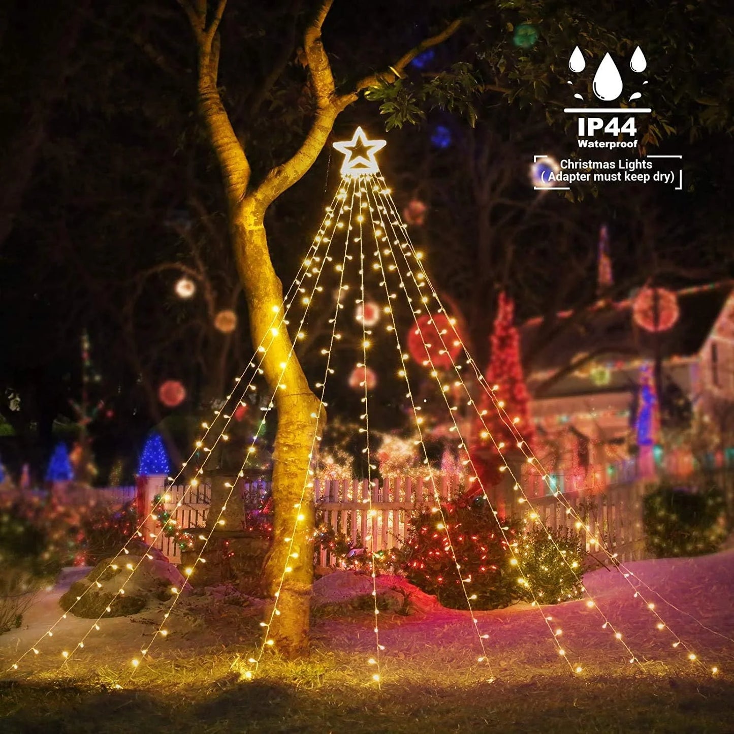 Christmas Outdoor Star Lights Waterfall Tree Lights 344 LED 10Ft 12" Topper Star for Lawn Yard Garden Holiday Xmas New Year Warm White